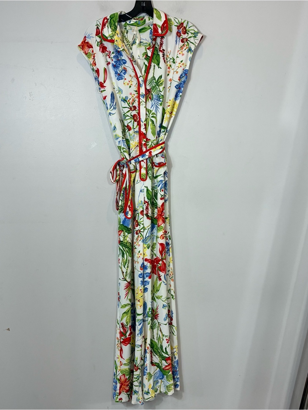Elli White Medium M Floral Tropical Belted Sleeveless Wide Leg Jumpsuit Red Trim